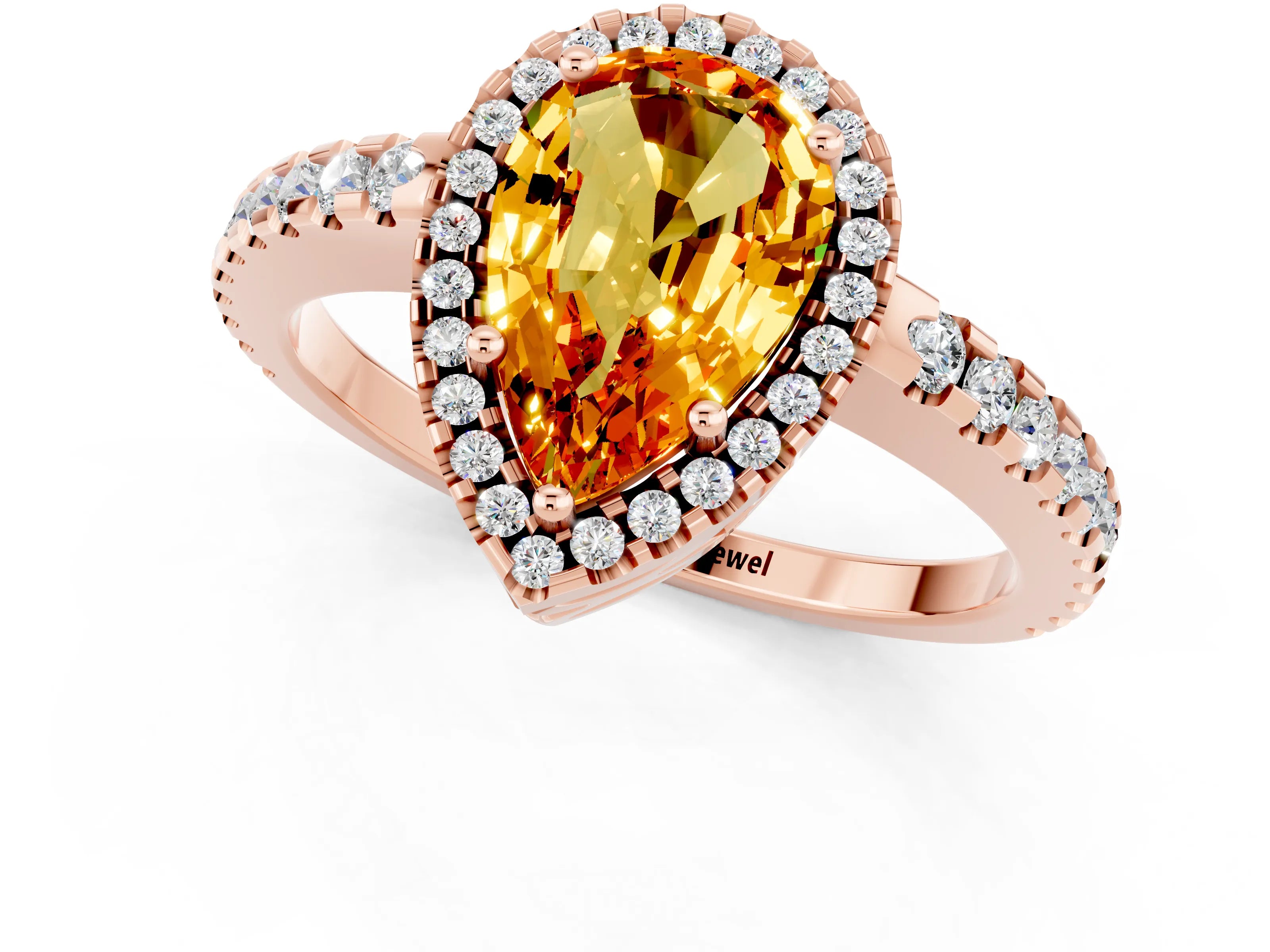Rose gold Pear Cut Citrine Halo Engagement Ring with Pavé Band and Prong Setting_13