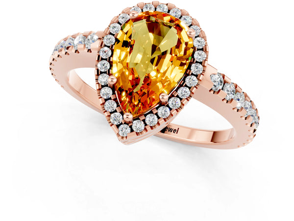 Rose gold Pear Cut Citrine Halo Engagement Ring with Pavé Band and Prong Setting