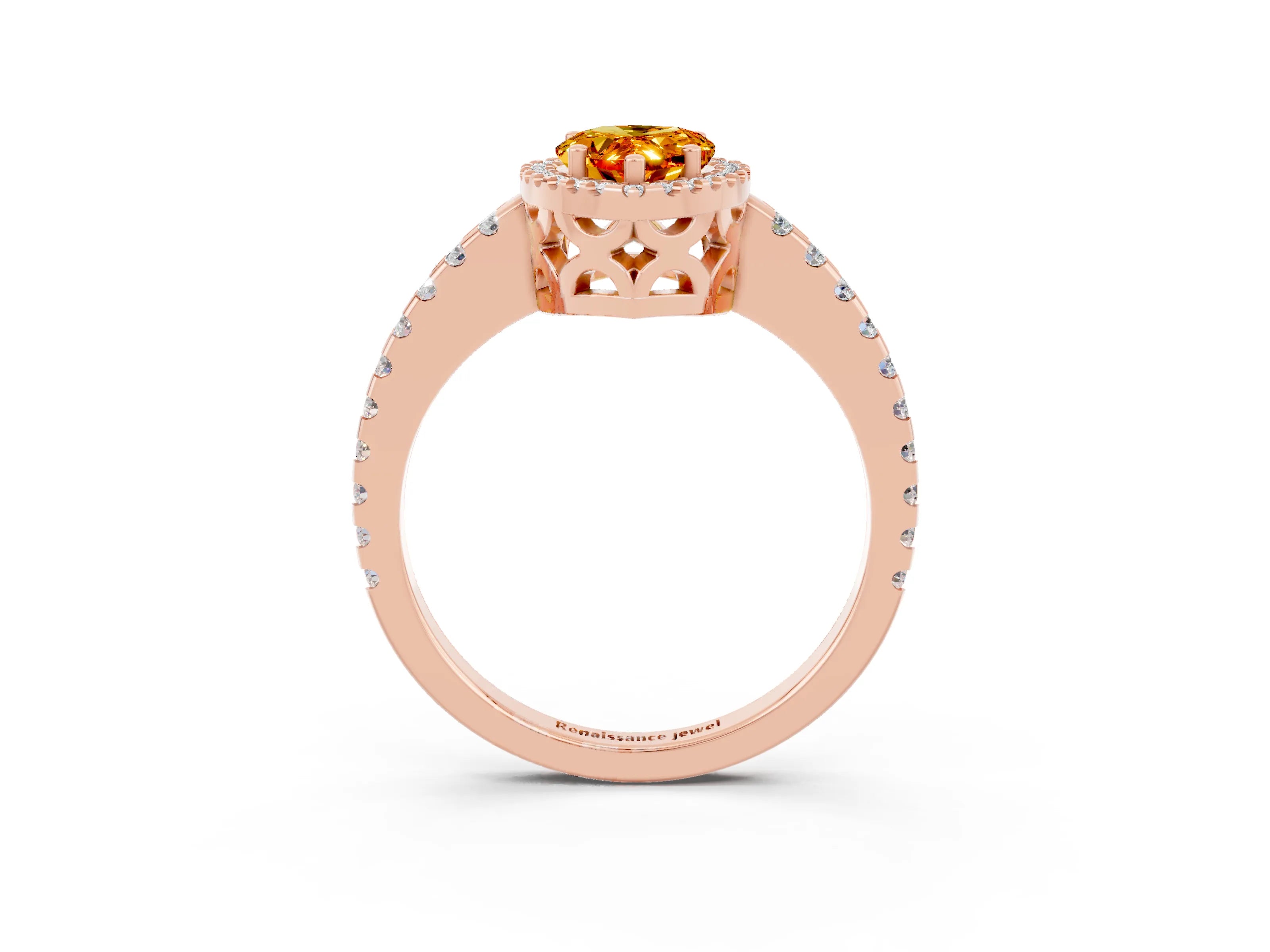 Rose gold Pear Cut Citrine Halo Engagement Ring with Pavé Band and Prong Setting_15