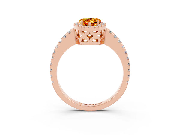 Rose gold Pear Cut Citrine Halo Engagement Ring with Pavé Band and Prong Setting