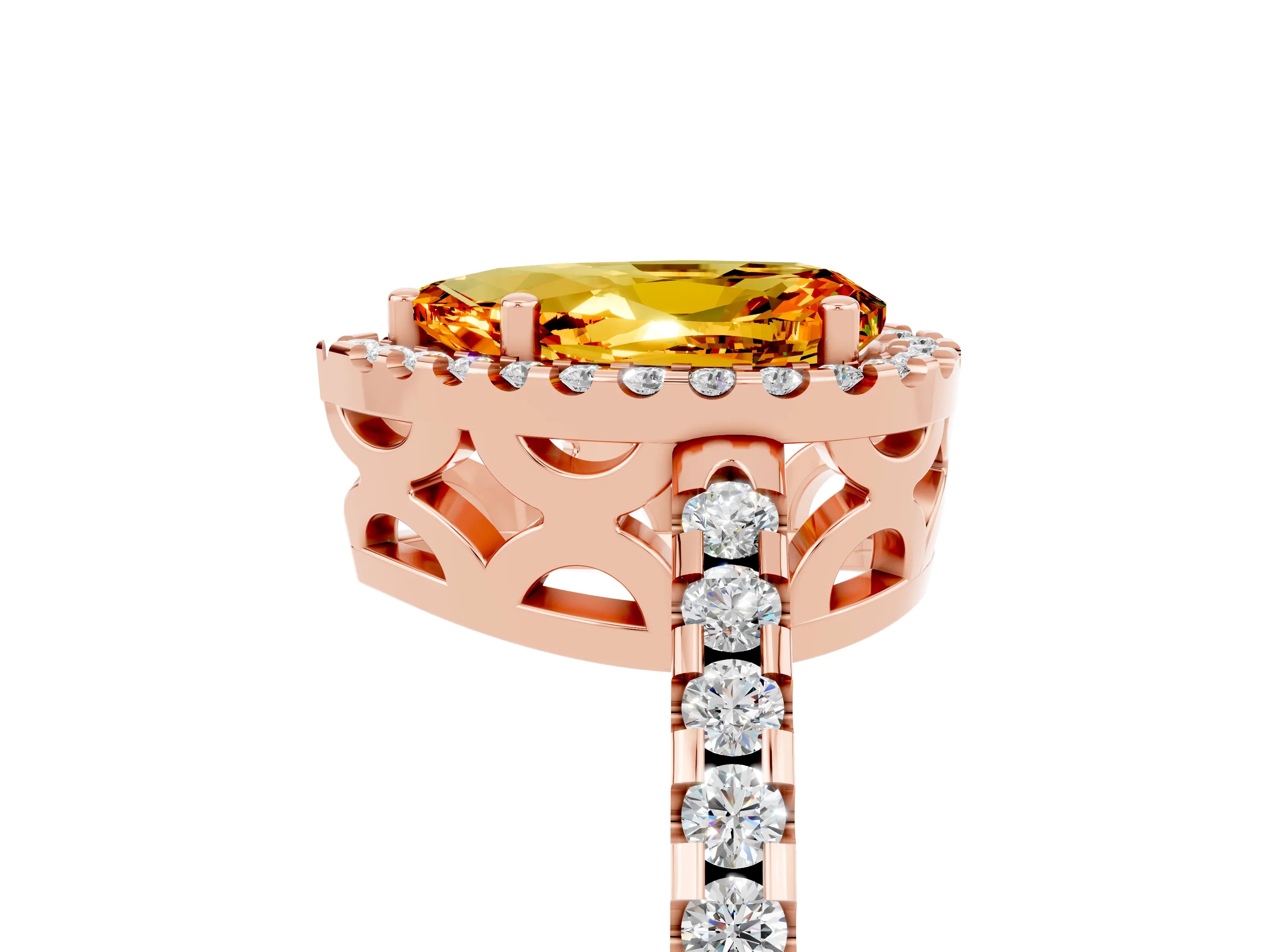 Rose gold Pear Cut Citrine Halo Engagement Ring with Pavé Band and Prong Setting_17
