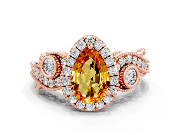 Rose gold Pear Cut Citrine Halo Ring with Milgrain Pavé Band and Four-Prong Setting