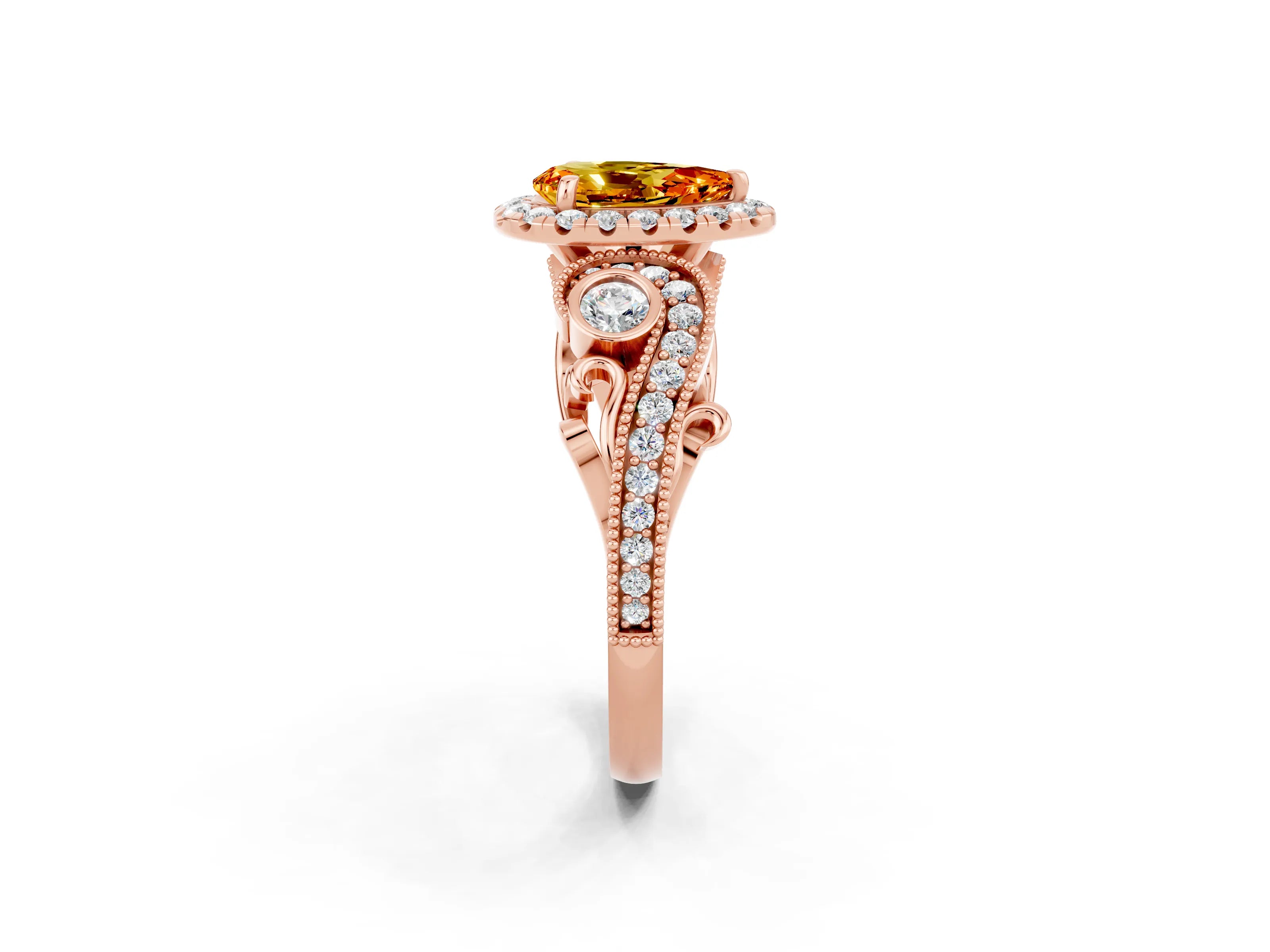 Rose gold Pear Cut Citrine Halo Ring with Milgrain Pavé Band and Four-Prong Setting_14