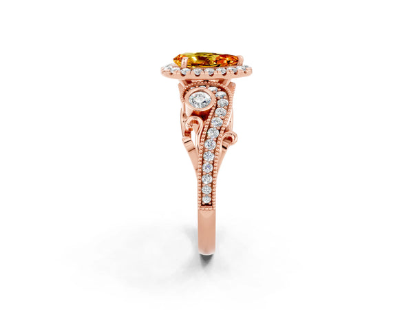 Rose gold Pear Cut Citrine Halo Ring with Milgrain Pavé Band and Four-Prong Setting