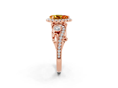 Rose gold Pear Cut Citrine Halo Ring with Milgrain Pavé Band and Four-Prong Setting_14