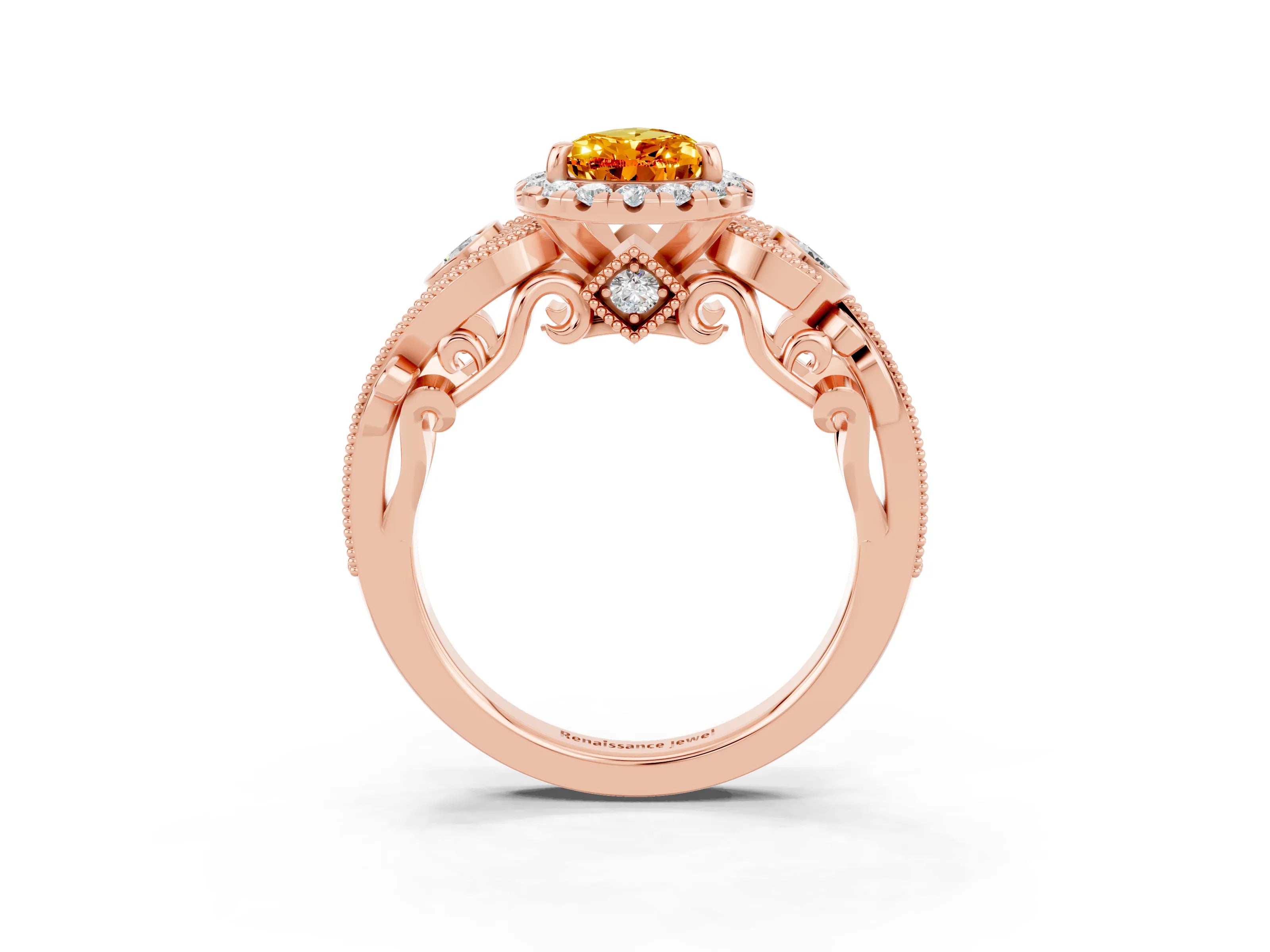 Rose gold Pear Cut Citrine Halo Ring with Milgrain Pavé Band and Four-Prong Setting_15