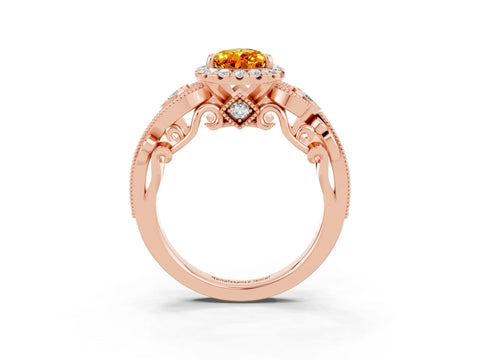 Rose gold Pear Cut Citrine Halo Ring with Milgrain Pavé Band and Four-Prong Setting_15