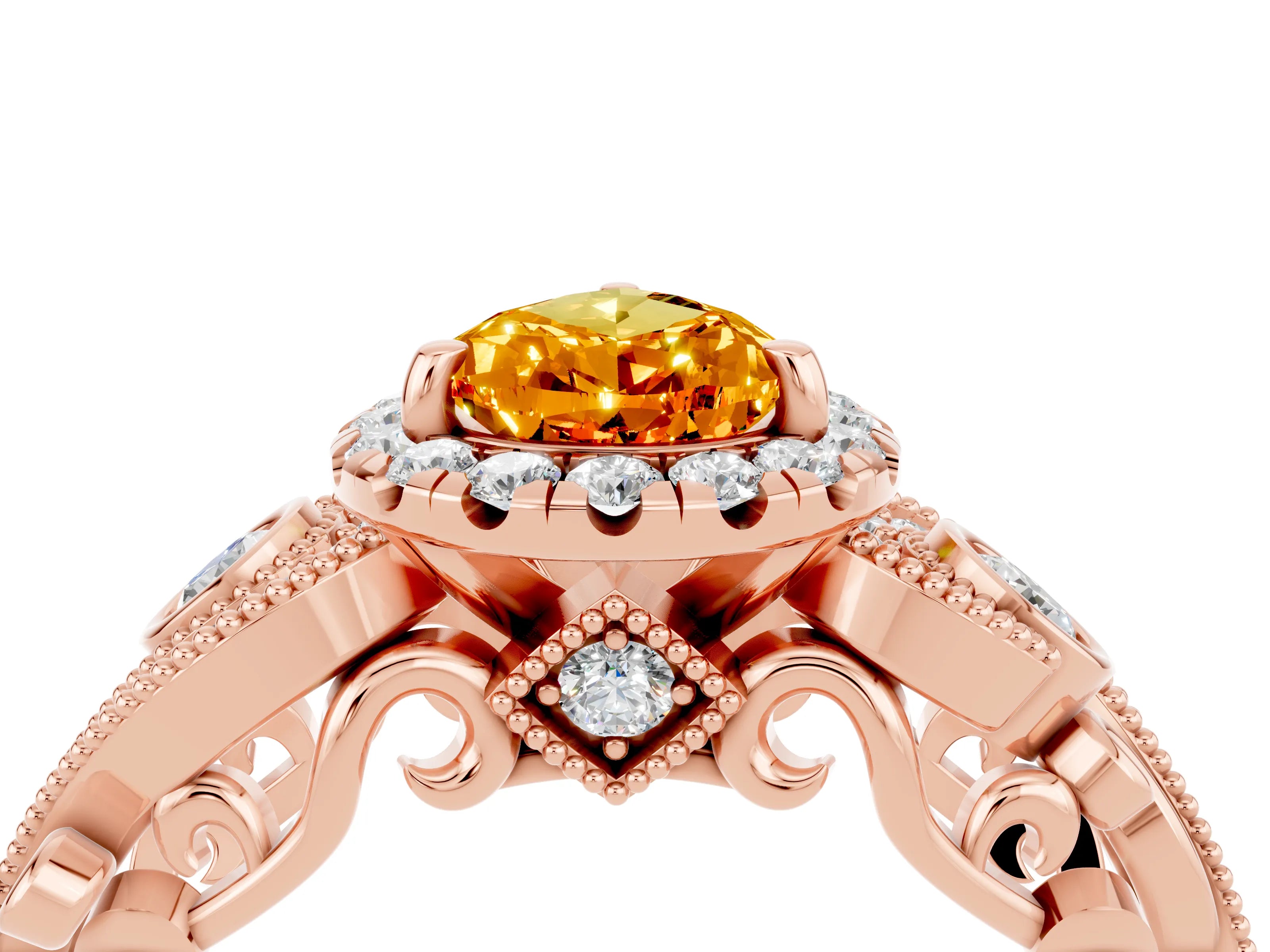 Rose gold Pear Cut Citrine Halo Ring with Milgrain Pavé Band and Four-Prong Setting_16