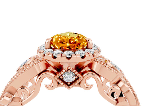Rose gold Pear Cut Citrine Halo Ring with Milgrain Pavé Band and Four-Prong Setting_16