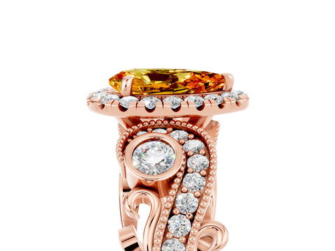 Rose gold Pear Cut Citrine Halo Ring with Milgrain Pavé Band and Four-Prong Setting_17