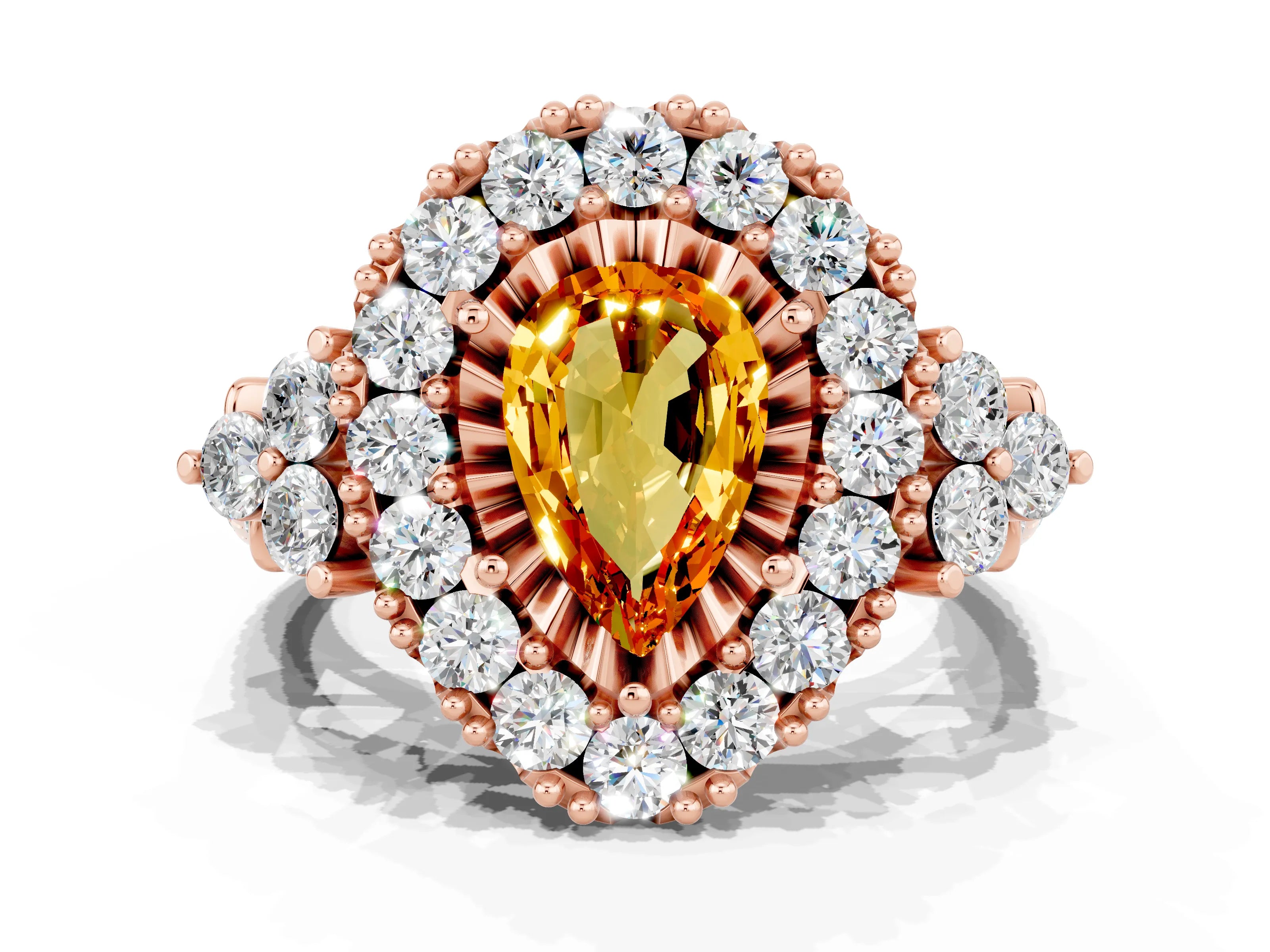 Rose gold Pear Cut Citrine Halo Ring with Pavé Band and Four-Prong Setting_12
