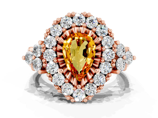 Rose gold Pear Cut Citrine Halo Ring with Pavé Band and Four-Prong Setting