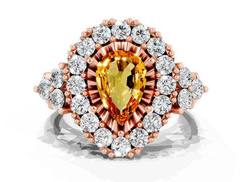 Rose gold Pear Cut Citrine Halo Ring with Pavé Band and Four-Prong Setting_12