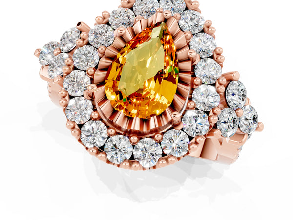 Rose gold Pear Cut Citrine Halo Ring with Pavé Band and Four-Prong Setting