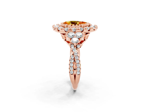 Rose gold Pear Cut Citrine Halo Ring with Pavé Band and Four-Prong Setting