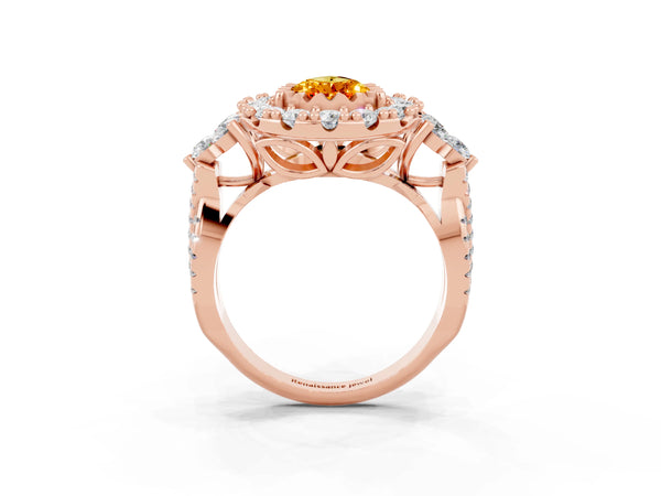 Rose gold Pear Cut Citrine Halo Ring with Pavé Band and Four-Prong Setting