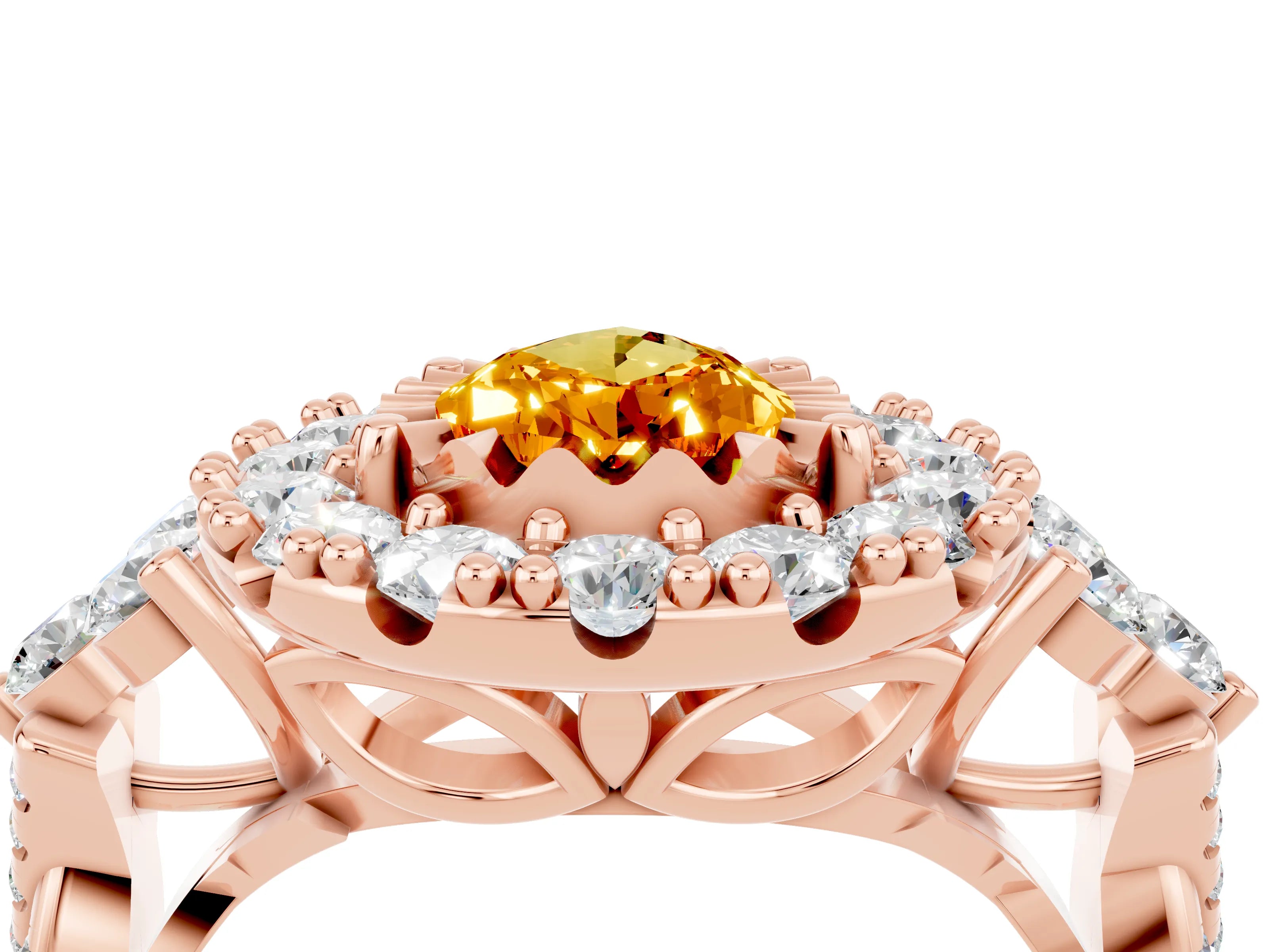 Rose gold Pear Cut Citrine Halo Ring with Pavé Band and Four-Prong Setting_16