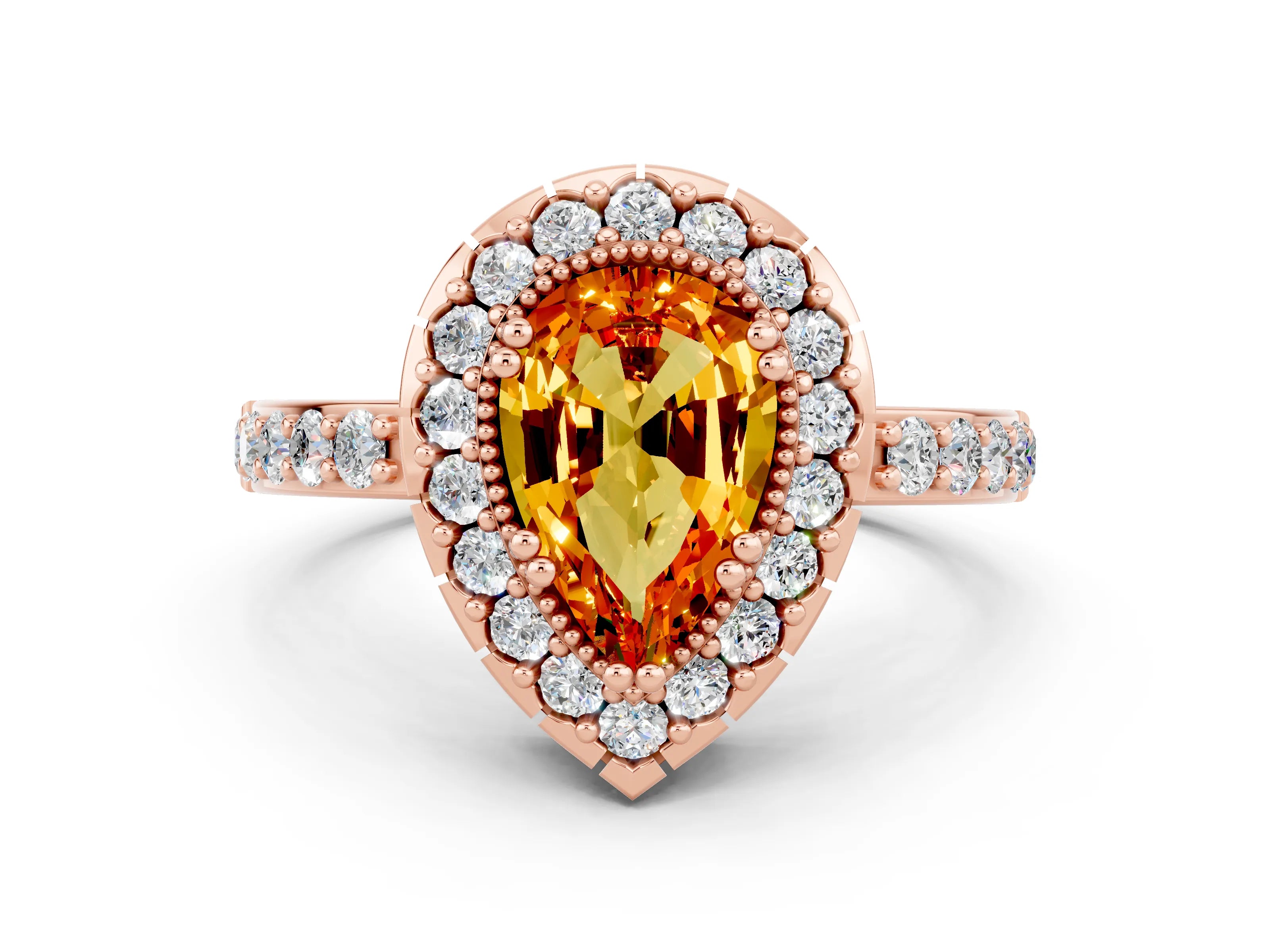 Rose gold Pear Cut Citrine Halo Ring with Pavé Band and Prong Setting