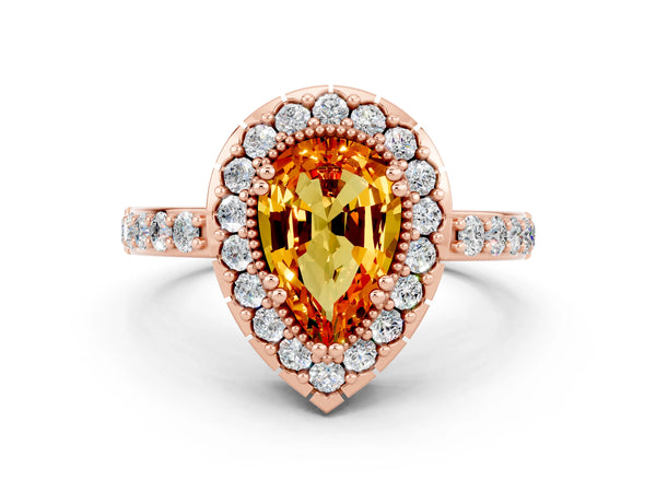 Rose gold Pear Cut Citrine Halo Ring with Pavé Band and Prong Setting