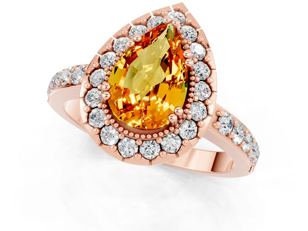 Rose gold Pear Cut Citrine Halo Ring with Pavé Band and Prong Setting