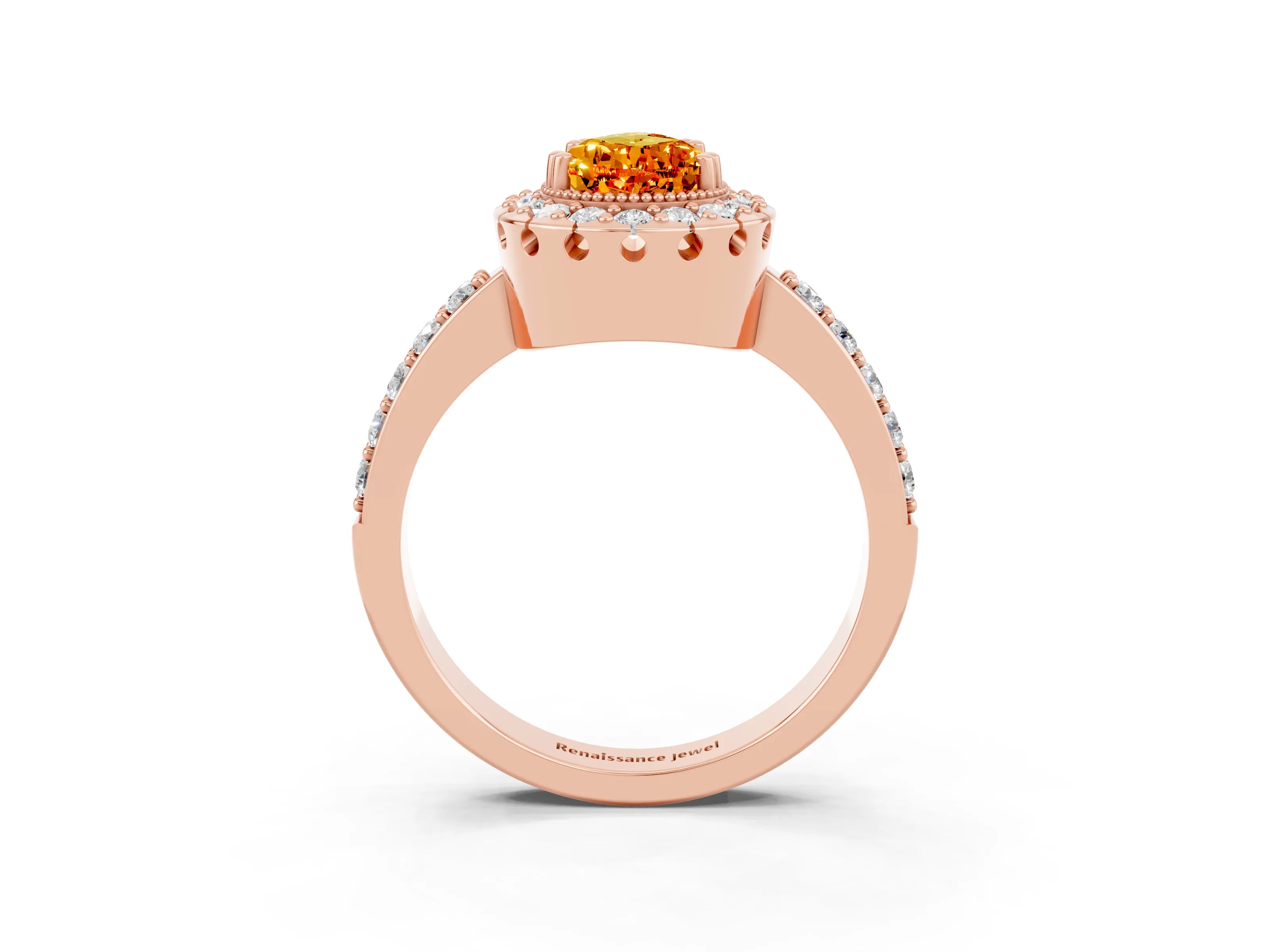 Rose gold Pear Cut Citrine Halo Ring with Pavé Band and Prong Setting_3
