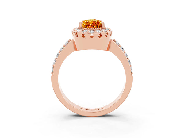 Rose gold Pear Cut Citrine Halo Ring with Pavé Band and Prong Setting