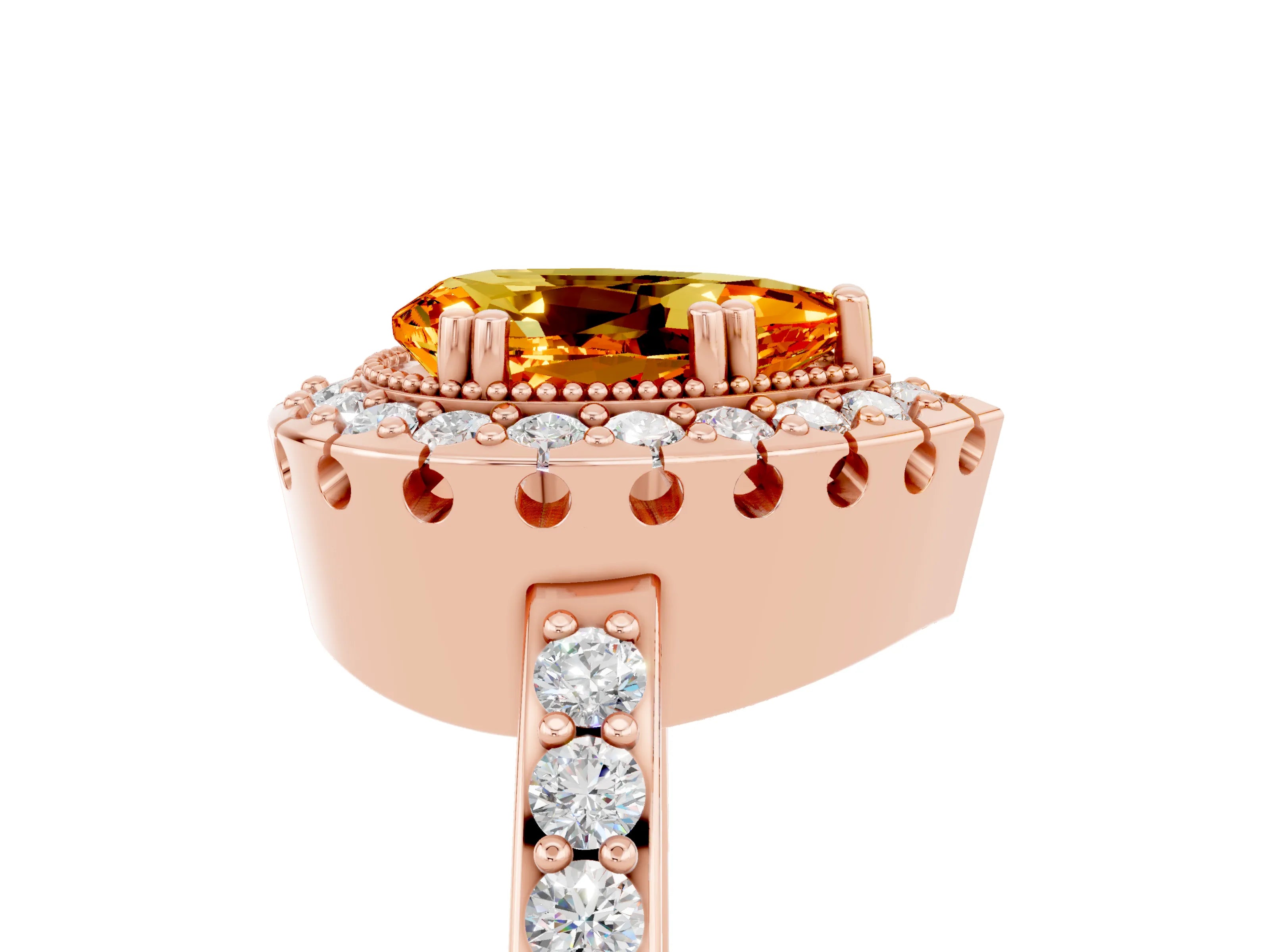 Rose gold Pear Cut Citrine Halo Ring with Pavé Band and Prong Setting_5