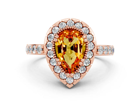Rose gold Pear Cut Citrine Halo Ring with Pavé Band and Prong Setting