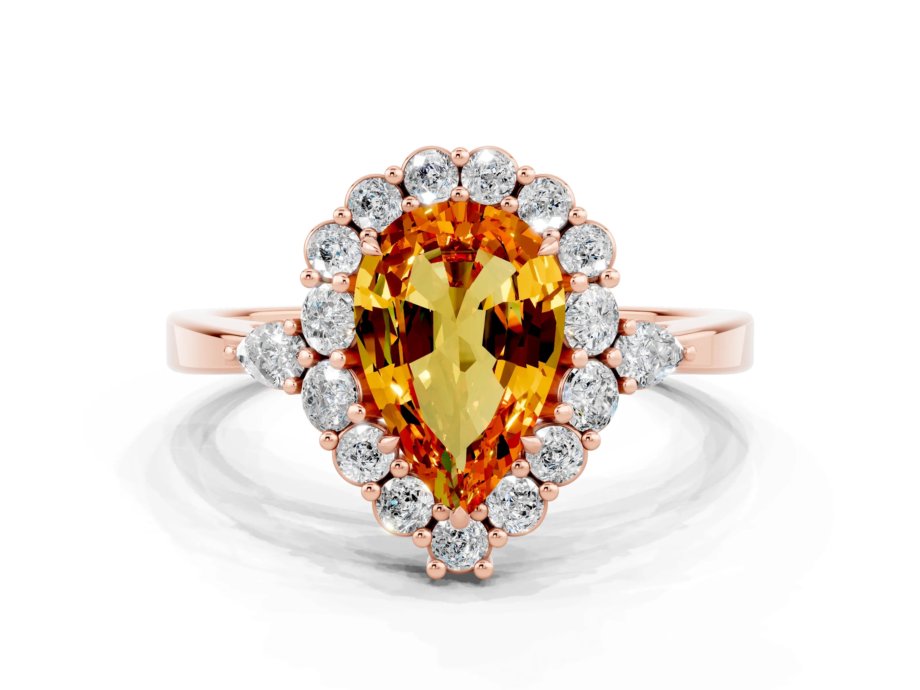 Rose gold Pear Cut Citrine Halo Ring with Pear Side Stones and Prong Setting_12