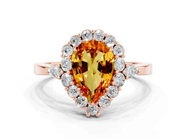 Rose gold Pear Cut Citrine Halo Ring with Pear Side Stones and Prong Setting