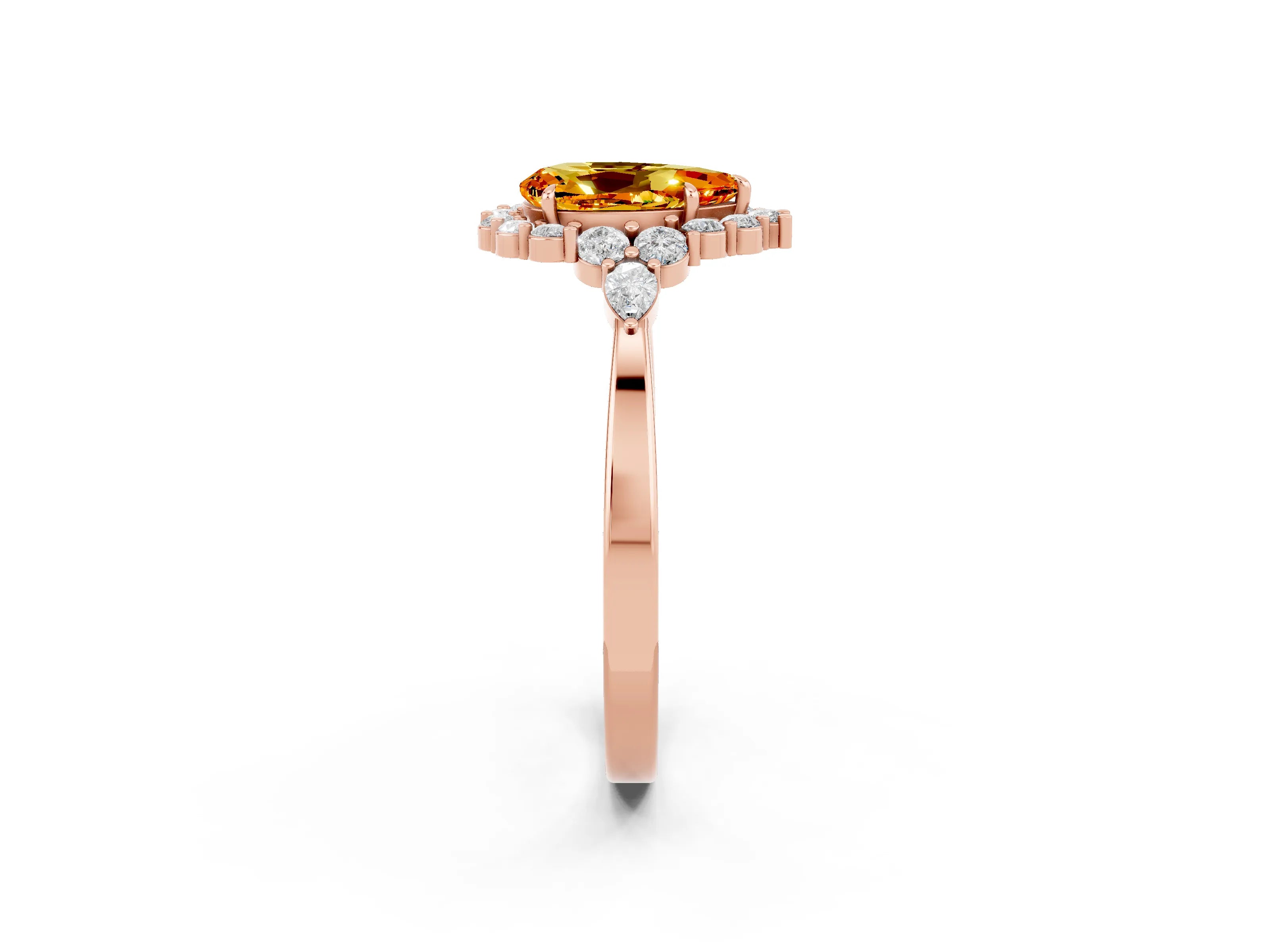 Rose gold Pear Cut Citrine Halo Ring with Pear Side Stones and Prong Setting_14