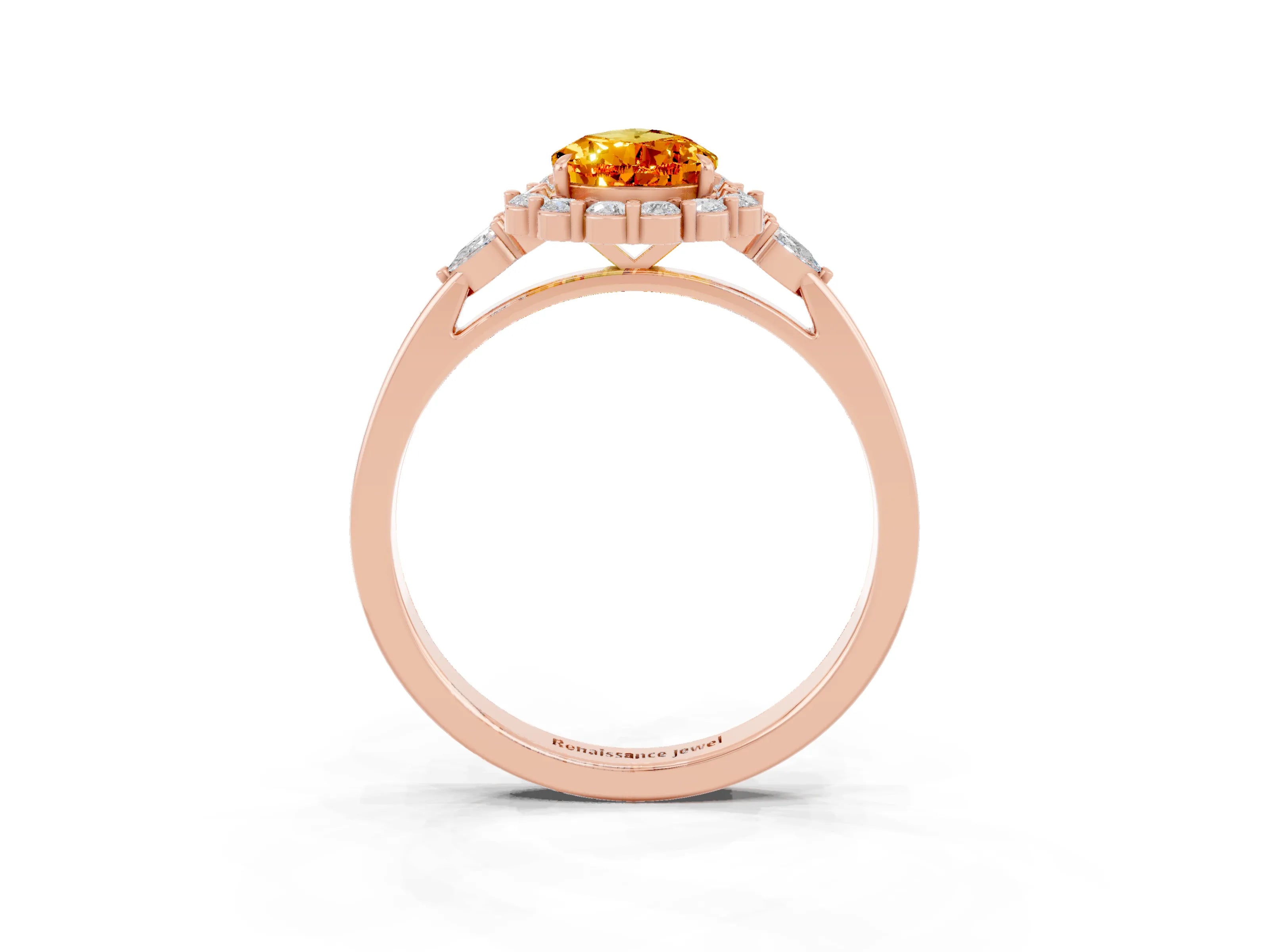 Rose gold Pear Cut Citrine Halo Ring with Pear Side Stones and Prong Setting_15
