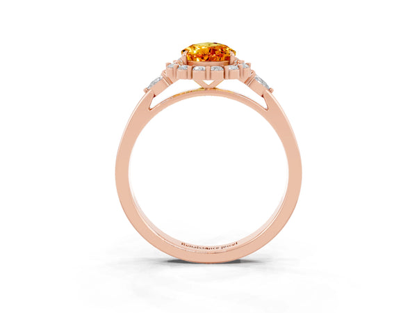 Rose gold Pear Cut Citrine Halo Ring with Pear Side Stones and Prong Setting