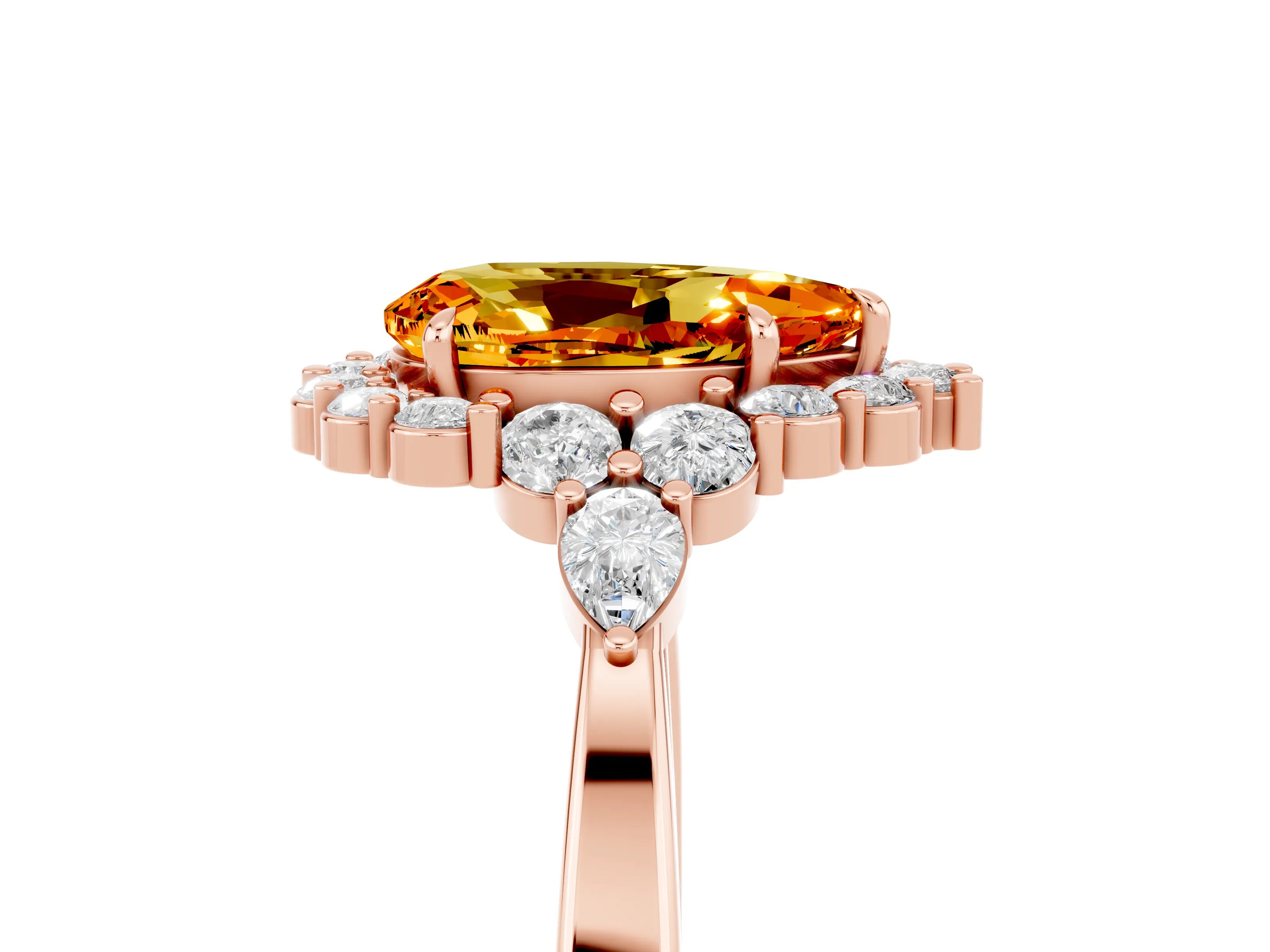 Rose gold Pear Cut Citrine Halo Ring with Pear Side Stones and Prong Setting_17