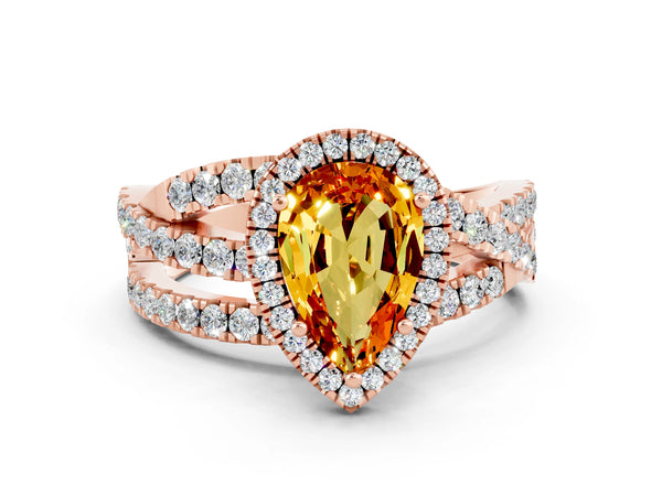 Rose gold Pear Cut Citrine Halo Ring with Round Split Shank and Prong Setting