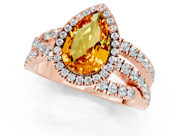 Rose gold Pear Cut Citrine Halo Ring with Round Split Shank and Prong Setting