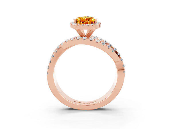 Rose gold Pear Cut Citrine Halo Ring with Round Split Shank and Prong Setting