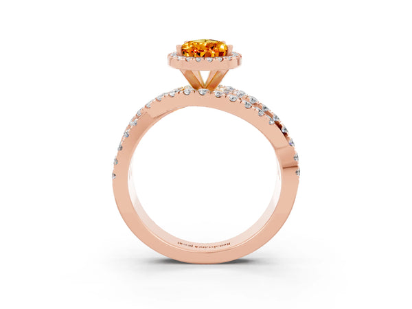 Rose gold Pear Cut Citrine Halo Ring with Round Split Shank and Prong Setting