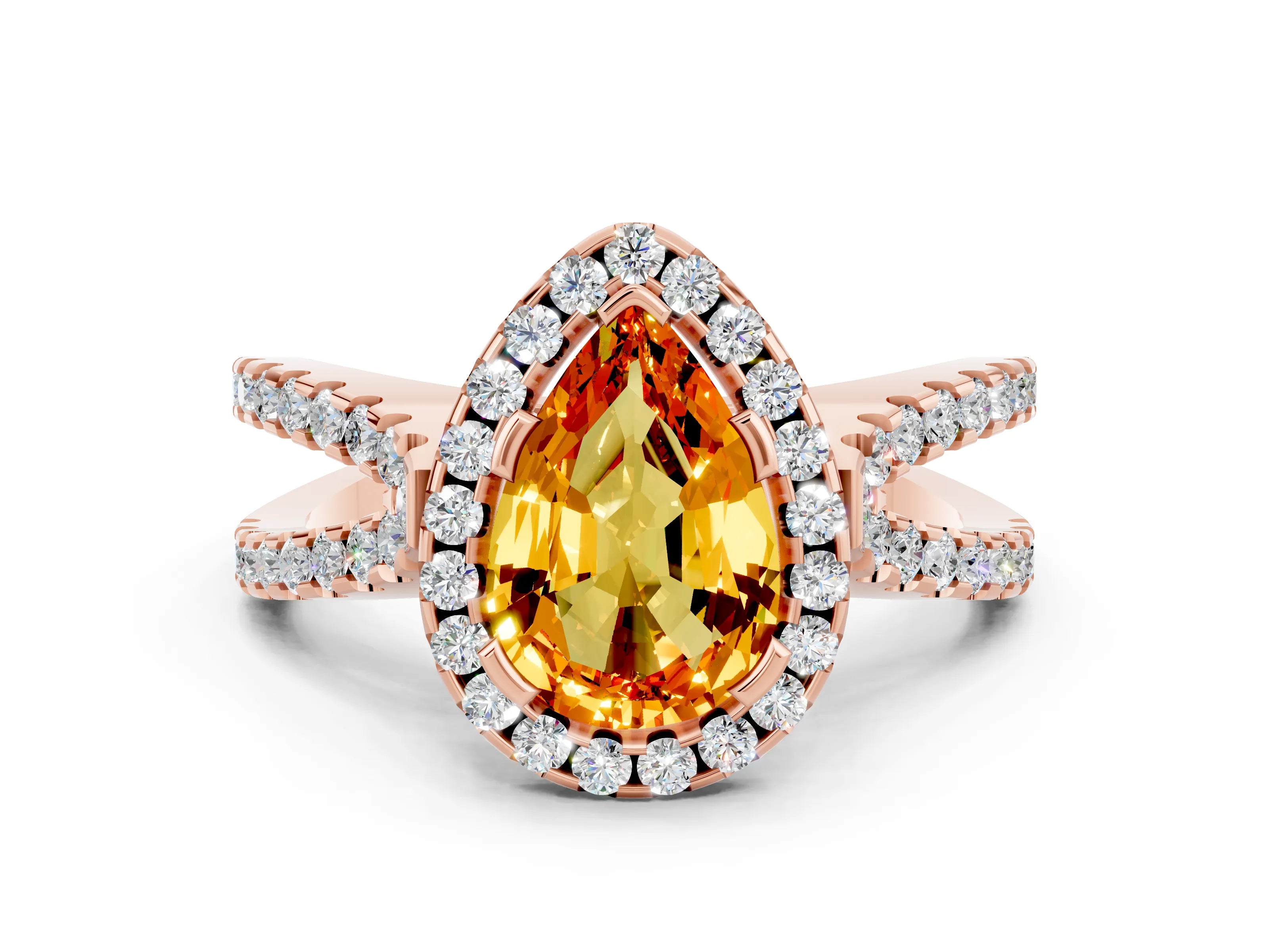 Rose gold Pear Cut Citrine Halo Ring with Split Shank Pavé Band and Prong Setting