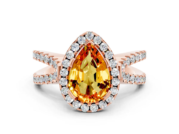 Rose gold Pear Cut Citrine Halo Ring with Split Shank Pavé Band and Prong Setting