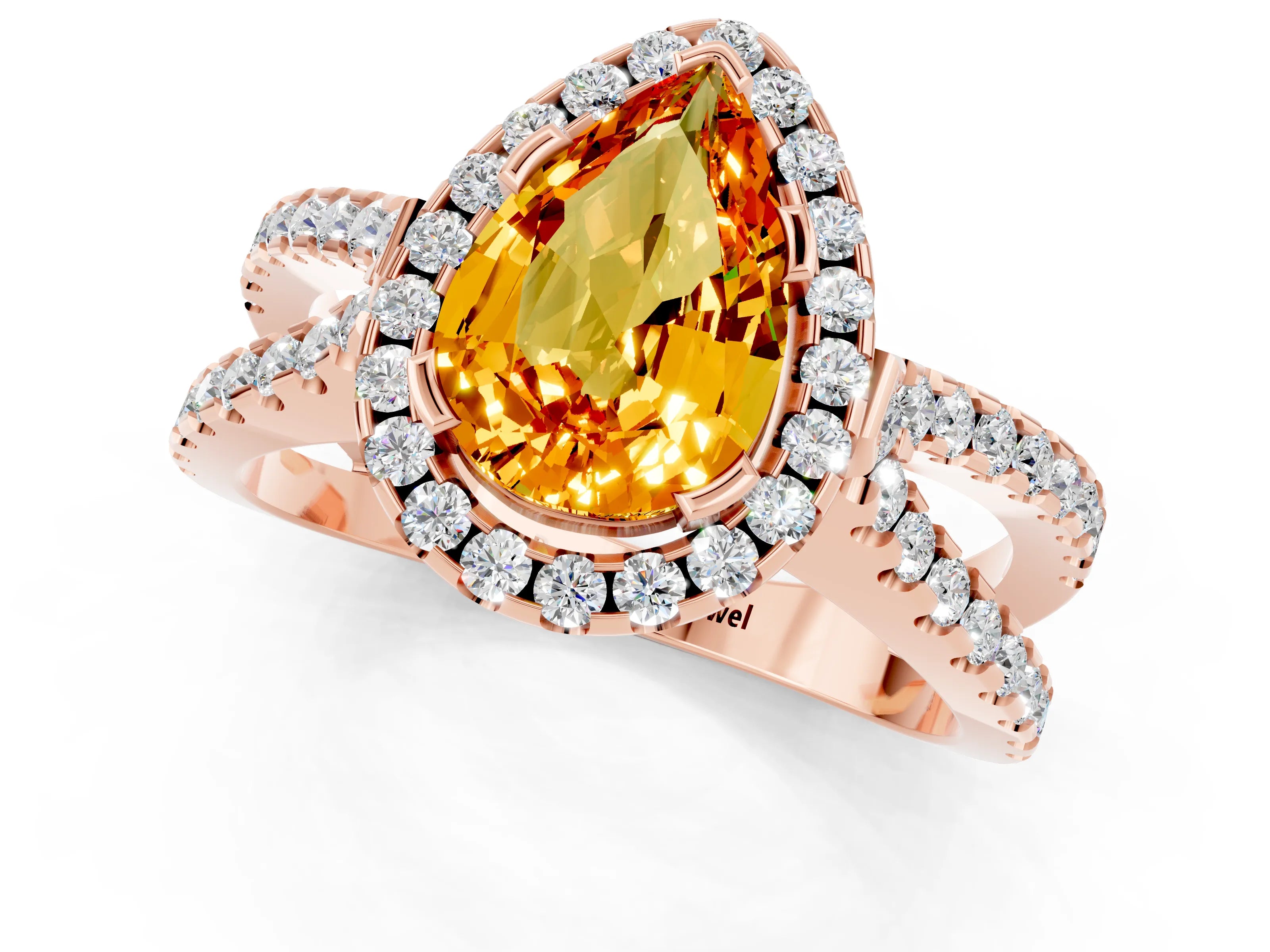 Rose gold Pear Cut Citrine Halo Ring with Split Shank Pavé Band and Prong Setting_1