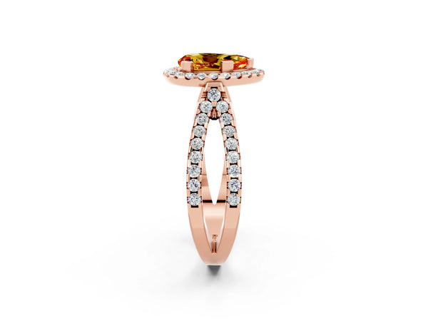 Rose gold Pear Cut Citrine Halo Ring with Split Shank Pavé Band and Prong Setting