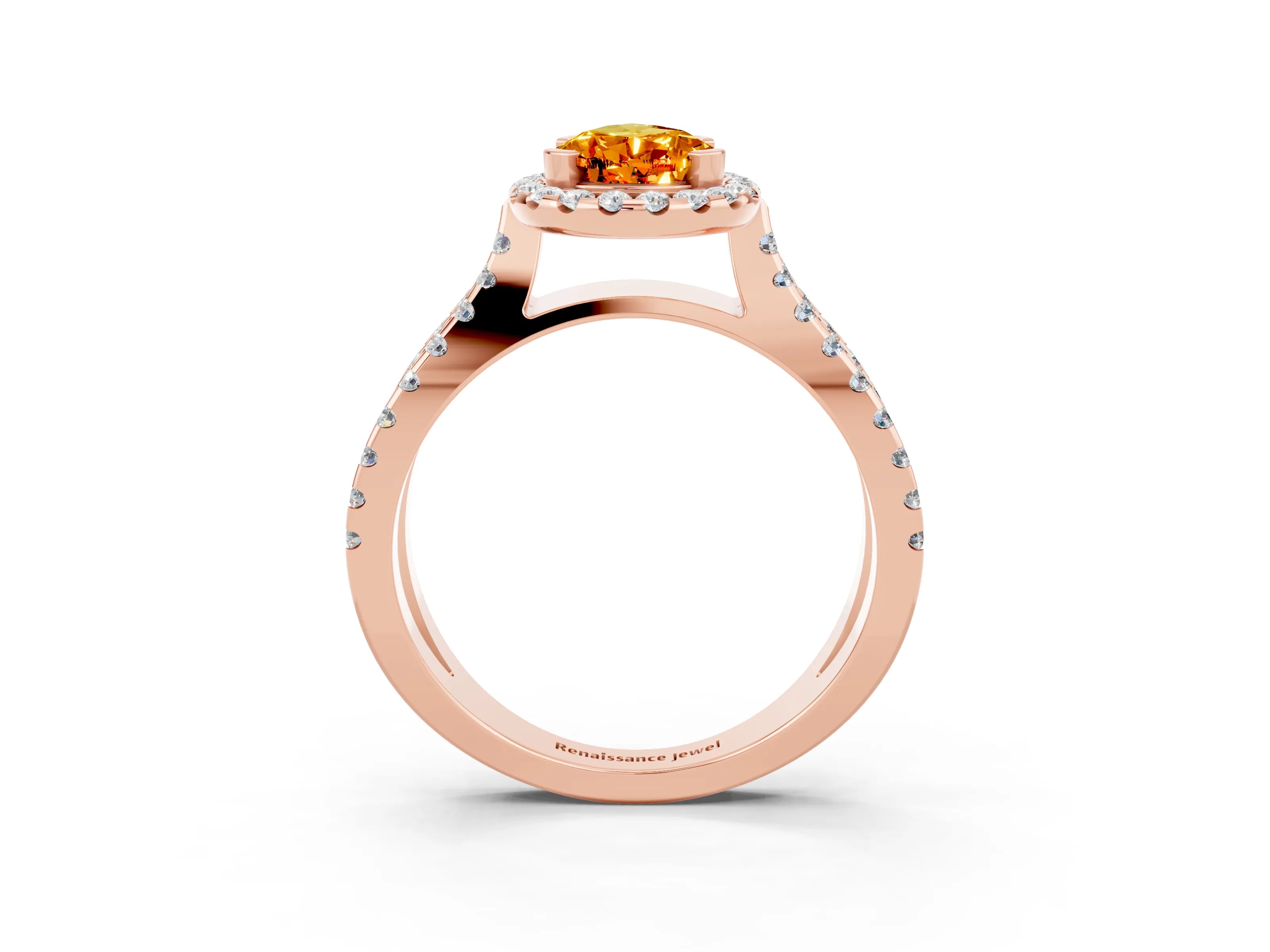 Rose gold Pear Cut Citrine Halo Ring with Split Shank Pavé Band and Prong Setting_3