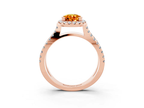 Rose gold Pear Cut Citrine Halo Ring with Split Shank Pavé Band and Prong Setting_3