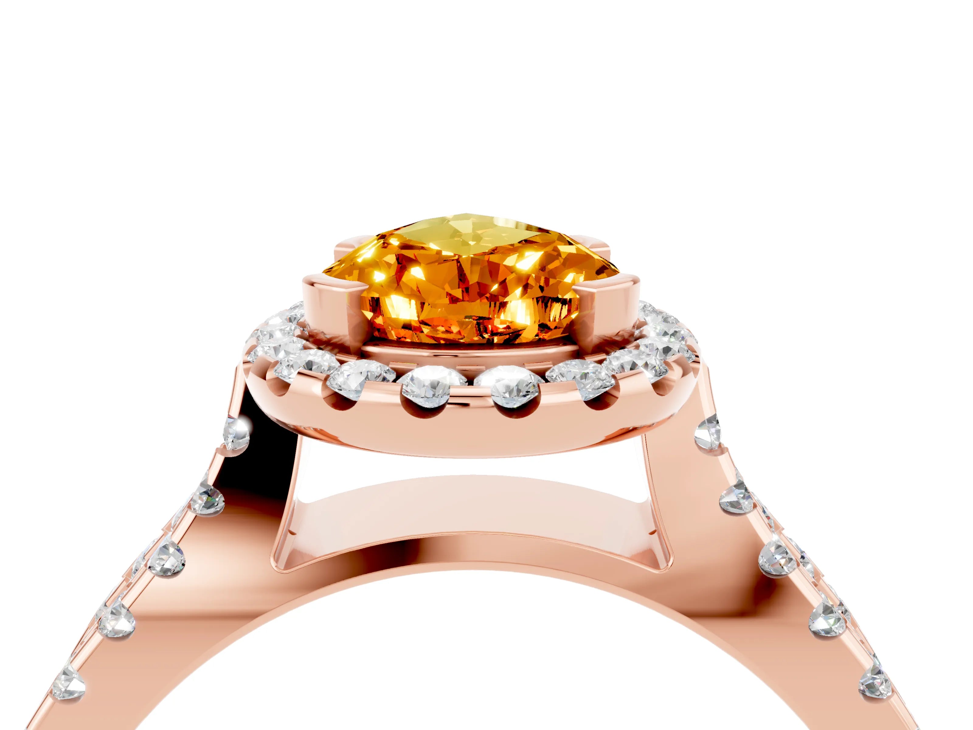 Rose gold Pear Cut Citrine Halo Ring with Split Shank Pavé Band and Prong Setting_4