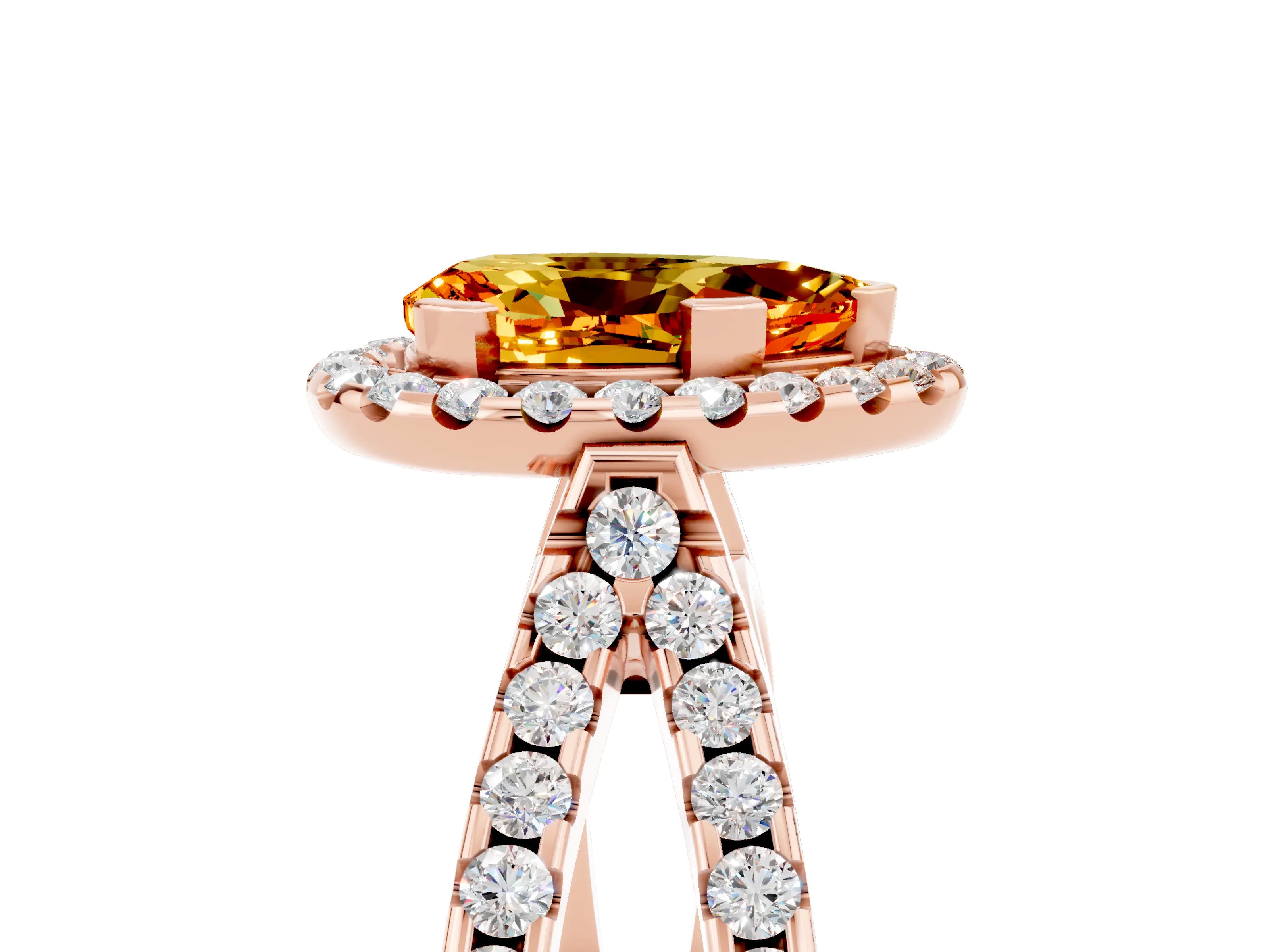Rose gold Pear Cut Citrine Halo Ring with Split Shank Pavé Band and Prong Setting_5