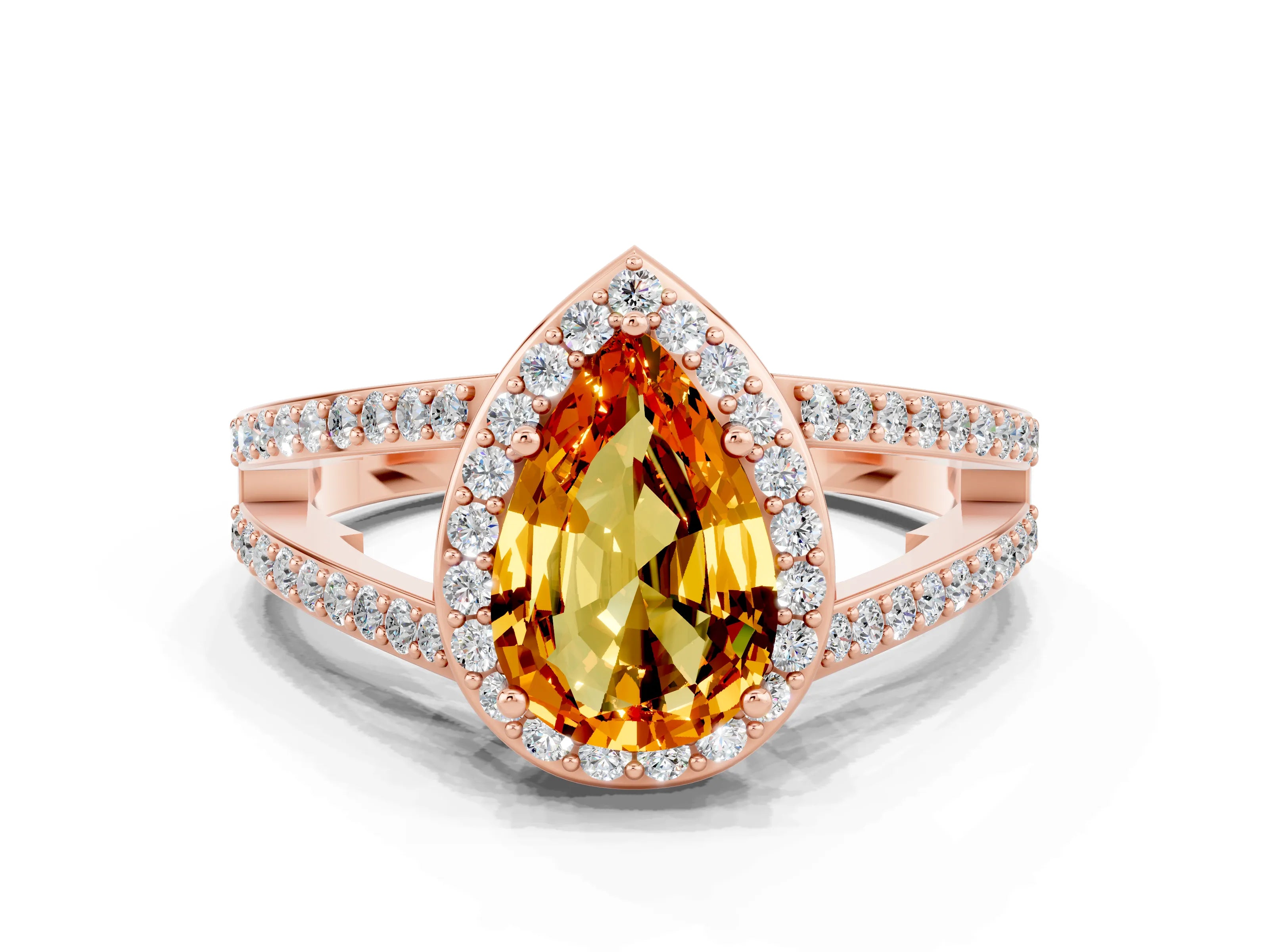 Rose gold Pear Cut Citrine Halo Ring with Split Shank U-Prong Band and Four-Prong Setting