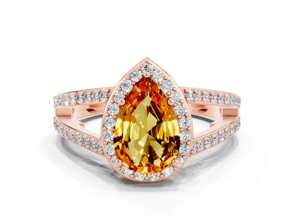 Rose gold Pear Cut Citrine Halo Ring with Split Shank U-Prong Band and Four-Prong Setting