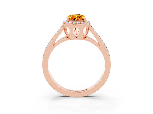 Rose gold Pear Cut Citrine Halo Ring with Split Shank U-Prong Band and Four-Prong Setting