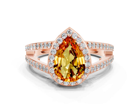 Rose gold Pear Cut Citrine Halo Ring with Split Shank U-Prong Band and Four-Prong Setting